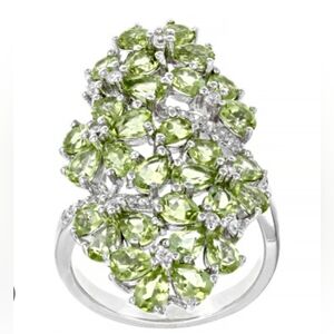 Genuine Peridot Elongated Cluster Ring In Sterling Silver Size 6!
